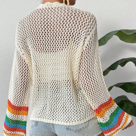 Multicolor Casual Womens Braided Hollow Out Holiday Long Sleeve Open Cardigan - Picture 2 of 6